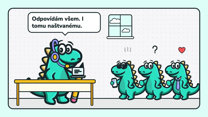Ilustrace: maskot Contesaura v headsetu u notebooku říká „Odpovídám všem. I tomu naštvanému.“, naproti stojí 3 malí maskoti, jednomu jde pára z hlavy, druhý má otazník a třetí srdíčko.