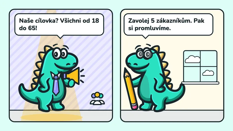 Komiks ve 2 okénkách: maskot Contesaura s megafonem a davem hlásí „Naše cílovka? Všichni od 18 do 65!“, maskot v brýlích s terčem a lupou radí „Zavolej 5 zákazníkům. Pak si promluvíme.“