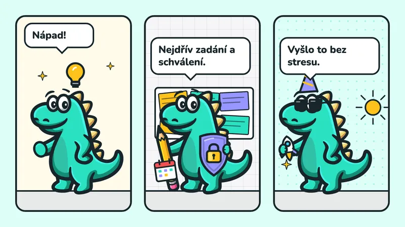 Komiks ve 3 okénkách: maskot Contesaura se žárovkou nad hlavou volá „Nápad!“, maskot s tužkou, štítem, kalendářem a papíry říká „Nejdřív zadání a schválení.“ a maskot s párty čepičkou a raketou slaví „Vyšlo to bez stresu.“