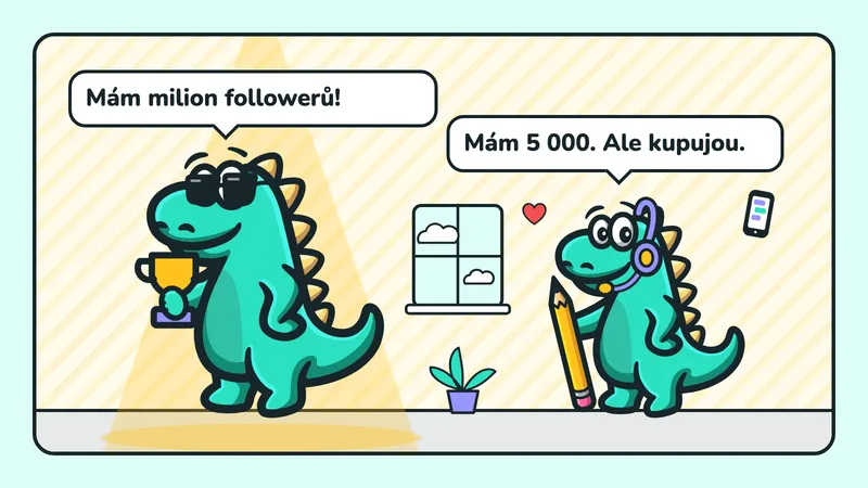 Ilustrace: maskot Contesaura v brýlích s trofejí říká „Mám milion followerů!“, maskot v headsetu s telefonem odpovídá „Mám 5 000. Ale kupujou.“