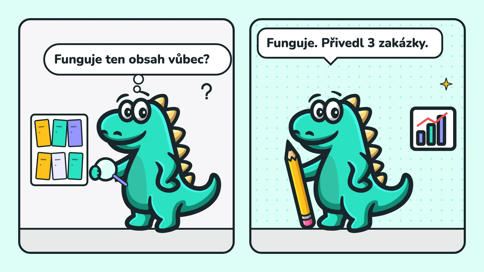 Komiks ve 2 okénkách: maskot Contesaura s lupou u nástěnky si myslí „Funguje ten obsah vůbec?“, maskot s tužkou vedle grafu odpovídá „Funguje. Přivedl 3 zakázky.“