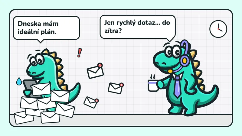 Ilustrace: zpocený maskot Contesaura s tabletem říká „Dneska mám ideální plán.“, kolem něj létají e-maily a budík, kolega v headsetu přichází s „Jen rychlý dotaz… do zítra?“